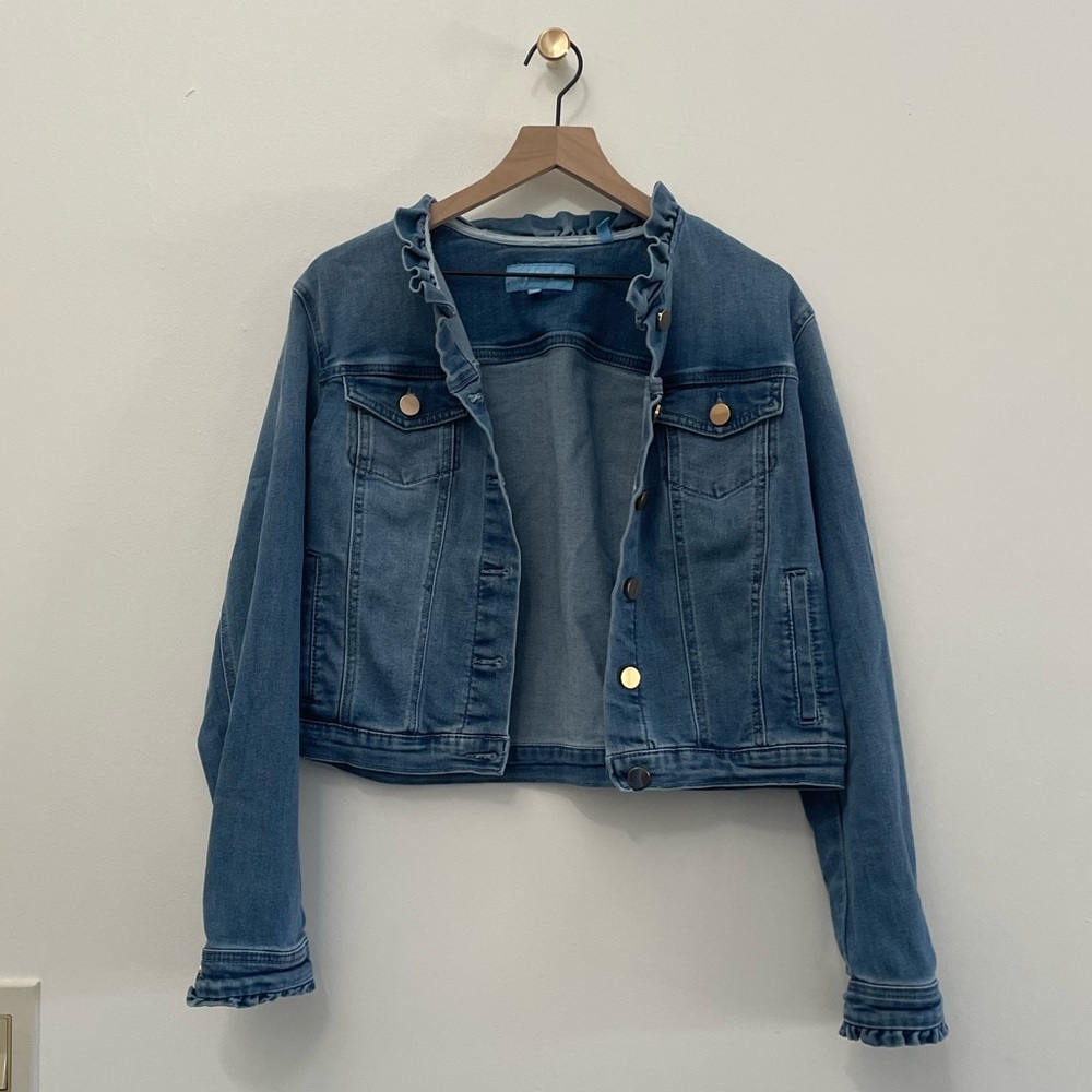 Draper James Jean Jacket Medium Wash Womens Large L Frill Detail